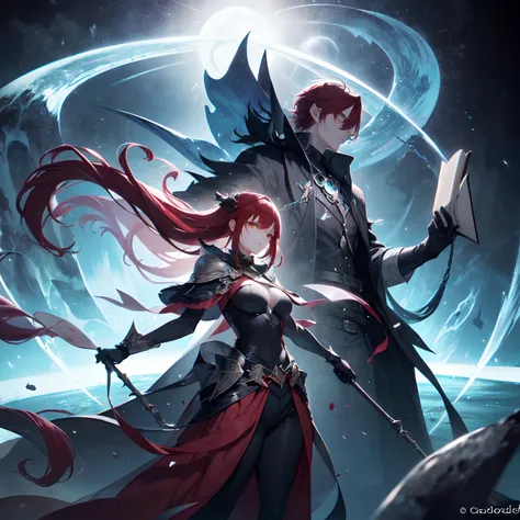 In a vast, multi-realm universe, a tall, fierce female with flowing red hair and striking features stands defiantly, juxtaposed against a male of average height, black shoulder-length hair emanating an aura of dark mischief. Between them, a radiant blue bo...