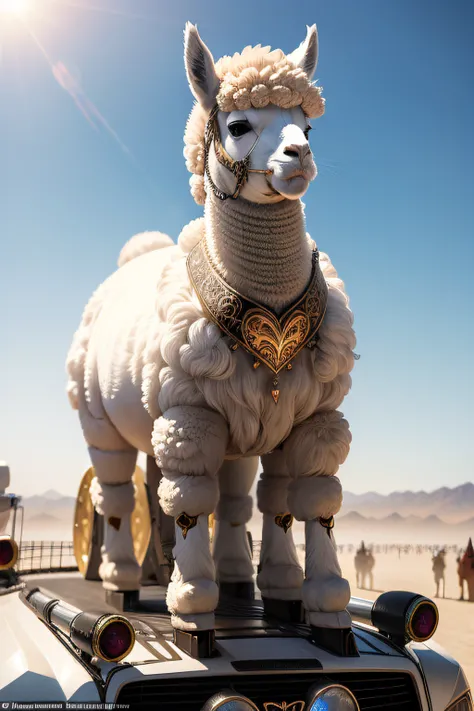 A alpaca male, gorgeous, flurry, on top of robot heart art car, at the Burning Man festival, intricate, elegant, highly detailed, centered, smooth, sharp focus,