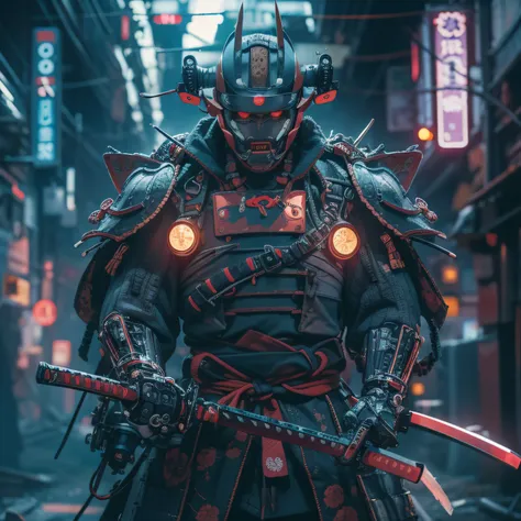 a cybernetic samurai in a dystopian environment, illustration by hiroshi tanaka, fusion of traditional samurai elements with adv...