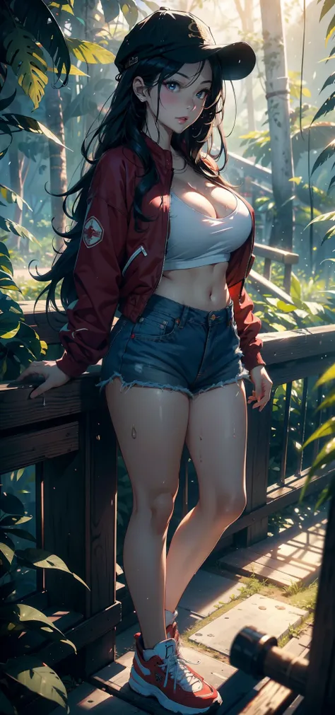 1female，35yo，熟妇，gigantic cleavage breasts，Big breasts Thin waist，long leges，Pornographic exposure， 独奏，（Background with：ln the forest，the rainforest，in summer） She has long black hair，standing on your feet，Sweat profusely，drenched all over the body，seen fro...