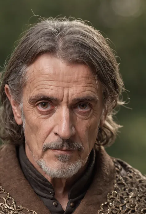 Portrait Photography, face shot of a mix between Jeremy Irons and Ian McShane as a medieval fantasy 50 year-old shepherd, wrinkly, revolting looks, short salt and pepper hair, goatee, serious expression, medieval fantasy shepherd clothes, in a medieval cou...