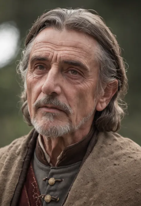 Portrait Photography, face shot of a mix between Jeremy Irons and Ian McShane as a medieval fantasy 50 year-old shepherd, wrinkly, revolting looks, short salt and pepper hair, goatee, serious expression, medieval fantasy shepherd clothes, in a medieval cou...