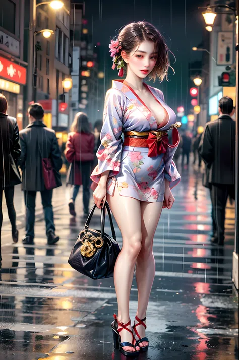 sexy Japanes girl, wearing sexy kimono, street girl, as a famous Instagram influencer, wearing a sexy little red swirly flowery dress, standing, at night and in the rain, on a busy street crossing a crosswalk, looking at viewer, session of full body photos...