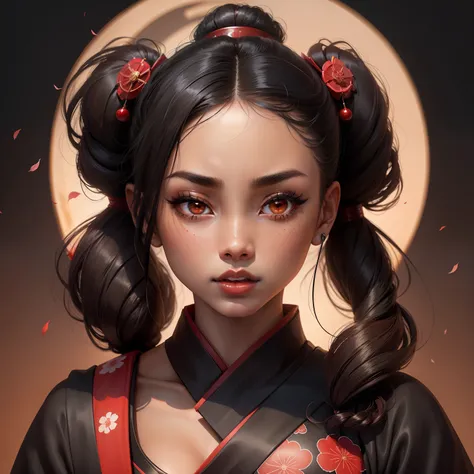 Seductive geisha, wear black kimono, black hair, red moon, dark skin complexion, cherry blossom on hair, 4k, almond eyes, big lip, logo, heart shape face, face fuller, sexy hair tied up, black eyes, dark red lipstick, female samurai warrior, swords, face s...