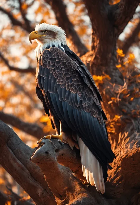 an eagle with open wings and a beautiful tree to the side