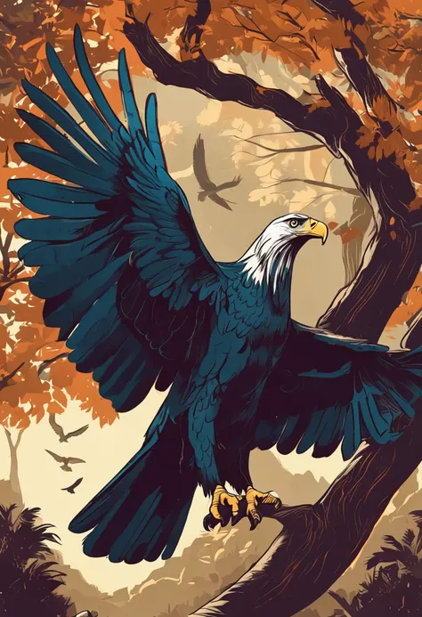 an eagle with open wings and a beautiful tree to the side