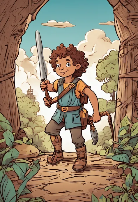 Curly-haired cartoon-style child holding a wooden sword in an adventure setting set up in his home