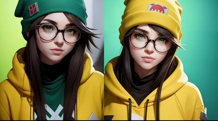 killjoy valorant, focused upper body, one girl wearing perfect glasses and green beanie hat, yellow hoodie, sparkling brown eyes, dark green hair, computer background, nice perfect face with soft skin, intricate detail, 8k resolution, masterpiece, 8k resol...