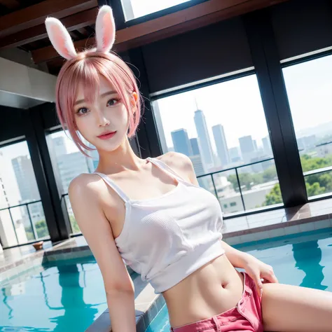 swimming pools、Short shirts、Realistic rabbit ears、White shirt、rabbit ears sticking out of the head,,,、Pink hair、Korean Beauty、Uncomfortable hand shape、K-POP、AKB48、Pink rabbit ears、1 girl in、独奏、jeans pants、​masterpiece、top-quality、realisitic、Hyper-detailing...