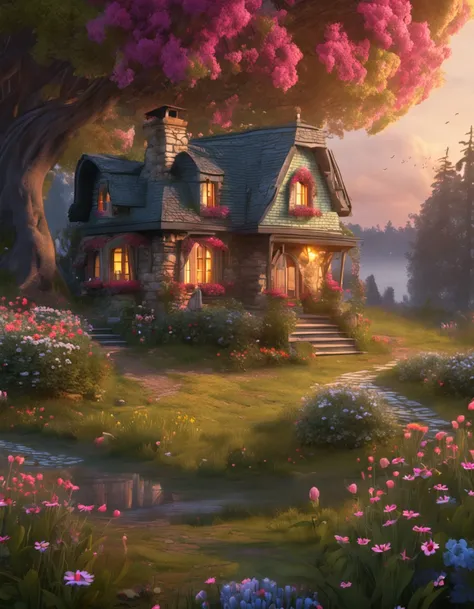 a drawing，The painting depicts a house with flowers in the middle of a field, Digital art inspired by Yevgeny Lushpin, pixabay contest winner, Fantasy art, cottagecore!!, beautiful house on a forest path, beatiful house, cottagecore, idyllic cottage, fundo...