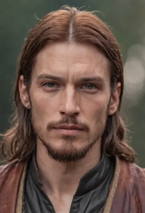 Portrait Photography, face shot of a mix between James Hébert and Ben Robson as a weathered 30 year-old man, ugly, hideous, strapping, wide shoulders, well-built, rugged, long copper rust-colored hair, hair tied in a loose ponytail, widows peak, short but ...