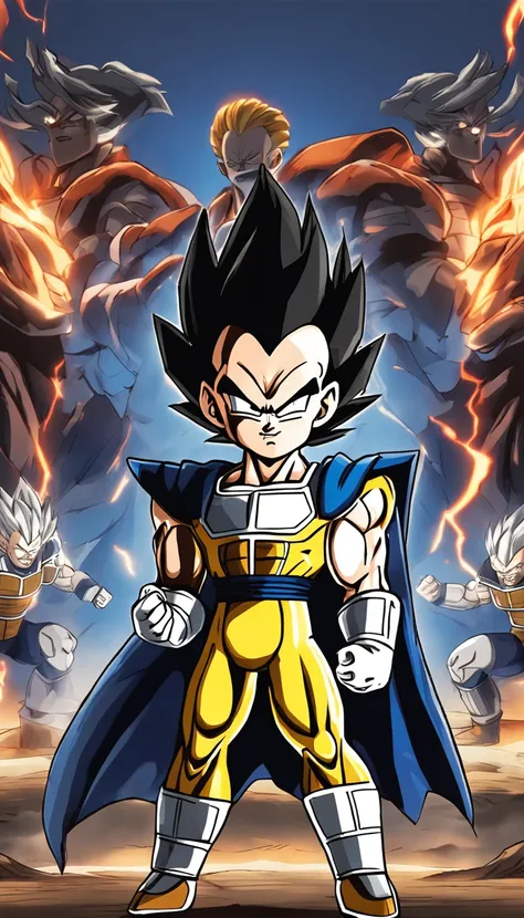 Child Vegeta as Super Sayajin , roupa azul do vegeta , estilo anime , Scenery with Nocturnal Destruction , (( imagem sem deformidades)) , best resolution , melhor qualidade , olhar fixo , obra prima