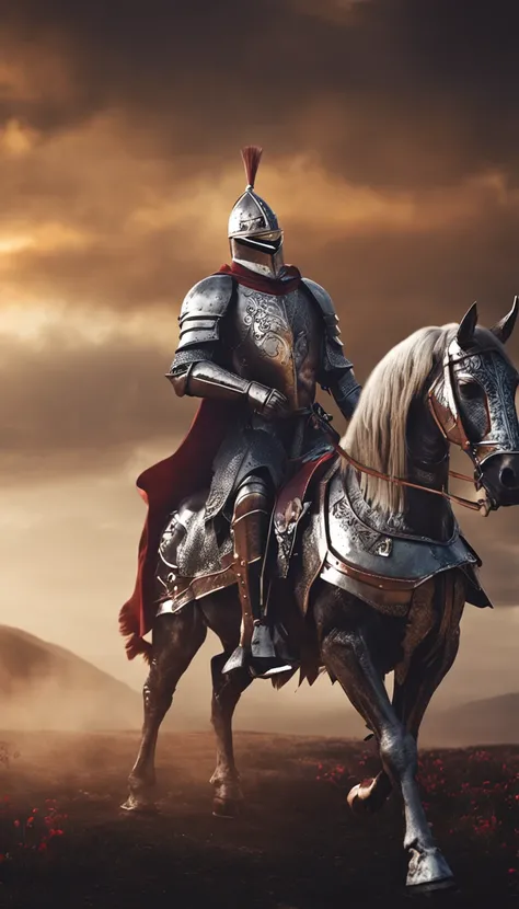 (Solemn royal knight),Armor，ride horse，The formation is neat,borgar，The foreground is a small flower，The front shadow is blurred，depth of fields，tmasterpiece，Light and shadow effects，Movie special effects