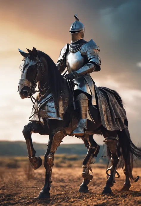 (Solemn royal knight),Armor，ride horse，The formation is neat,borgar，The foreground is a small flower，The front shadow is blurred，depth of fields，tmasterpiece，Light and shadow effects，Movie special effects