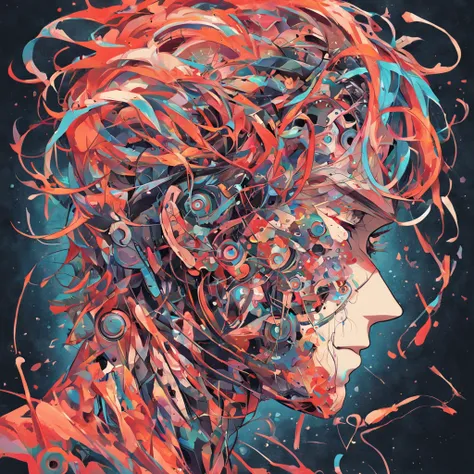 An abstract illustration of a male head, where strokes are simplified into geometric shapes and fluid lines. No lugar da boca e dos olhos, Theres an old cassette tape, evoking retro elements. The cassette tape is elaborately detailed, with its gears and ro...