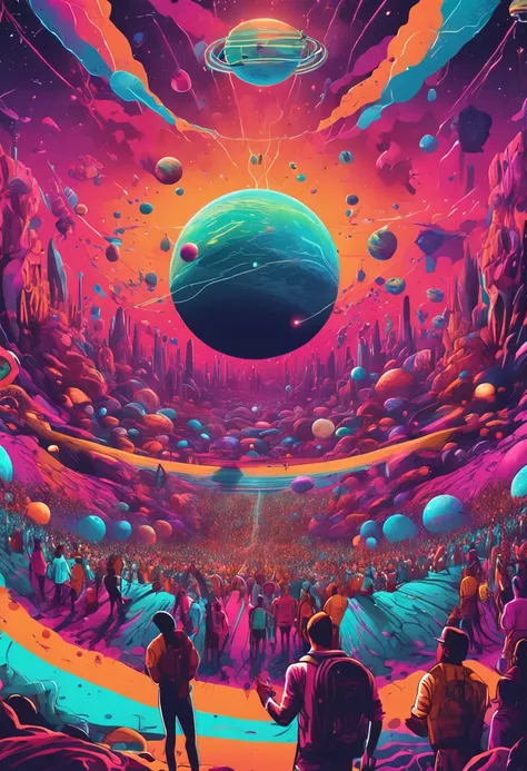 Electronic party on the moon with planets in the background, psytrance, extremely psychedelic experience, crowd of people standing, saturno, outer space.