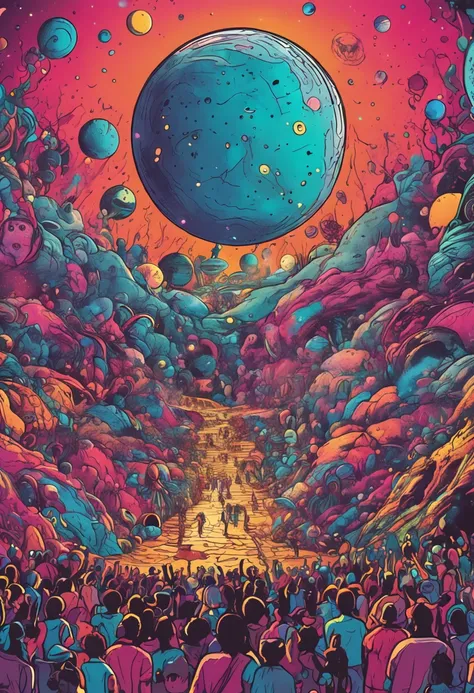 Electronic party on the moon with planets in the background, psytrance, extremely psychedelic experience, crowd of people standing, saturno, outer space.