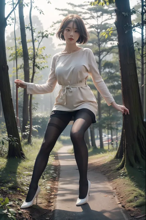 (full body:1.5)，(1girl:1.3),(view the viewer:1.4)，(anatomy correct:1.3),(Sitting in the forest dancing and dancing:1.2),(Wearing a Komeiji Koishi SET:1.2),(Opaque pantyhose:1.3),( girl pointed thick heels :1.1)，(Accurate and perfect face:1.3),(Long legs:1....