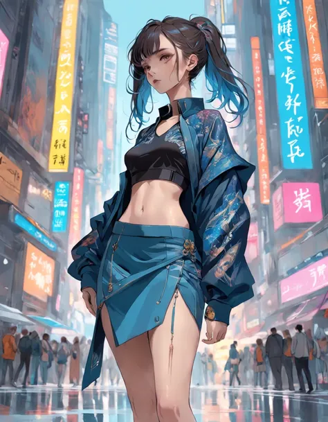 tmasterpiece, Beautiful Brazilian woman with perfect face, Elegant dress Gucci Balenciaga Versace Armani alternative suit, jaket, pullover, T-Shirt, 围巾,long  skirt, Jeans, full bodyesbian, liberta, seele, Digital illustration, Manhwa Style, Cyberpunk, Perf...