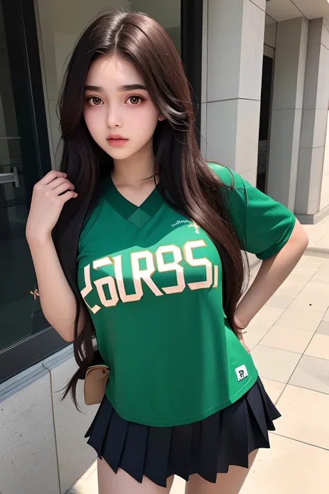 a beautiful 14yo Turki woman, baseball tshirt oversize ,short skirt, detail body and face.