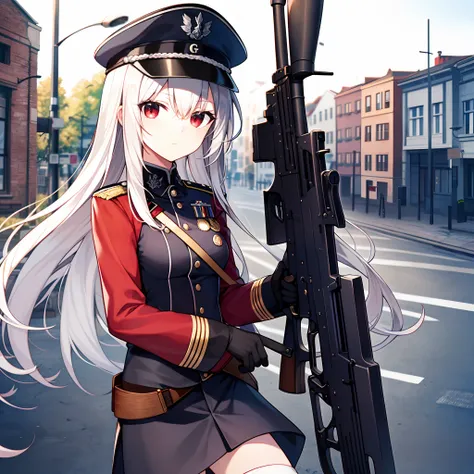 Military Ru, 1girll, Solo, standing, Very long hair, (Messy hair:1.3) White hair, Red eyes, Skinny, bangs, hair between eye, , gauss rifle, Baumans Wehrmacht, , Assault_rifle, Holding_Gun, Aim for, Aim for_at_peeping at the viewer, trigger_Discipline,  (Ge...