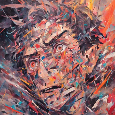 An expressionist-style painting depicting a male head in an abstract way. The old cassette tape is integrated into the image as part of the head itself, representing a fusion between retro technology and human creativity. The brushstrokes are bold and expr...