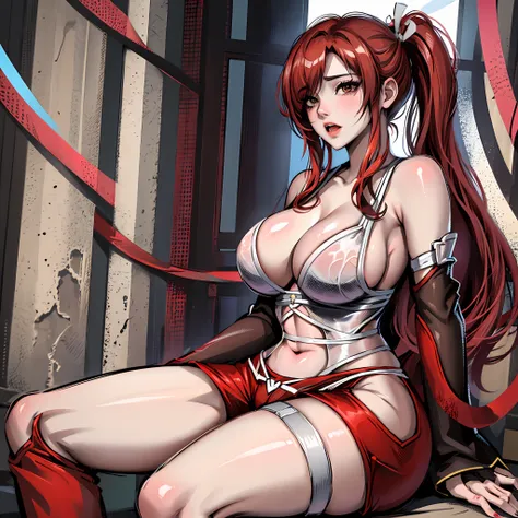 Masterpiece, Best Quality, hight resolution, fairytale, 1girl, hairlong, red hair, pony tail, white ribbon, hair above one eye, Brown eyes, large breasts, Sarashis chest, bandage, Red Hakama, wide thighs, big butt, red pants, Sits, spreading legs, erotic p...