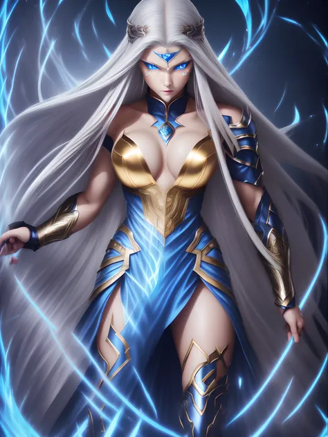 (1 Female Warrior、(Fair skin)、(de pele branca)、Silver hair long hair、(Blue glowing eyes)、Blue Pupils、Golden Eyes、ruthless look、Cultivated woman、Beautiful figure、Perfect Style)