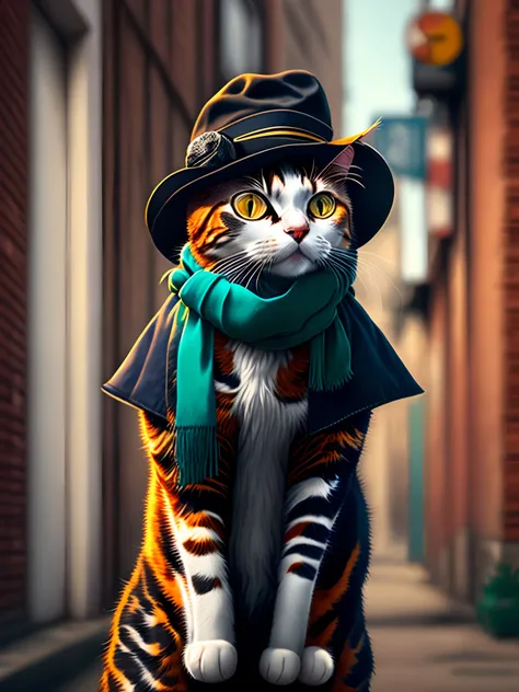 photo of a cat wearing a hat and scarf, trendy Art Station, dressed in punk clothes, hyper realistic detailed rendering, British gang member, urban style, intimidating pose, planet of cats, trendy clothes, urban samurai, meow, West Slavic traits, 8 1 5