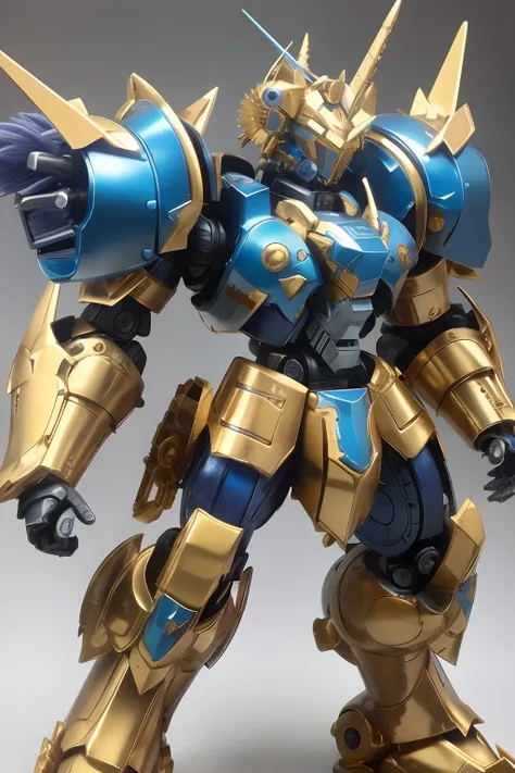 Un primer plano de un robot de juguete con un cuerpo dorado y azul, Action Figure Mecha, Gouf Mobile Suit, Golden Paladin, El caballero de la armadura del gato dorado, Armadura Gundam, Gouf, Armadura mecha, anime mech armor, Traje mecha, Evangelion de Gouf...