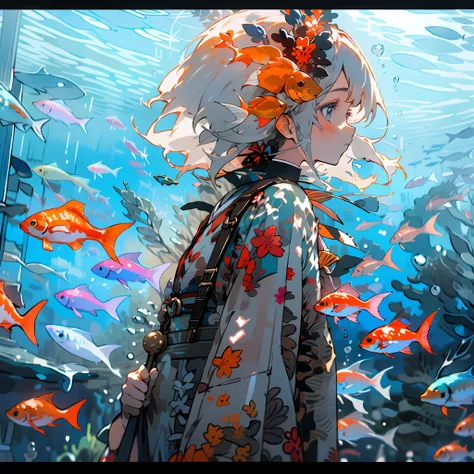 1girl, fish, goldfish, solo, blue eyes, bag, japanese clothes, kimono, profile, upper body, white hair, from side, backpack, letterboxed, bubble, red kimono, hair ornament, bangs, floral print, blush, underwater