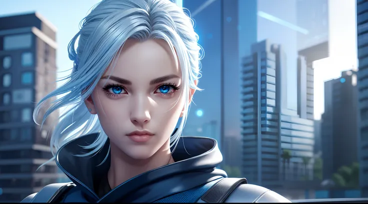 jett valorant, focused upper body, 1 girl, wearing blue ninja outfit, sparkling blue eyes, silver hair, highrise building backgr...