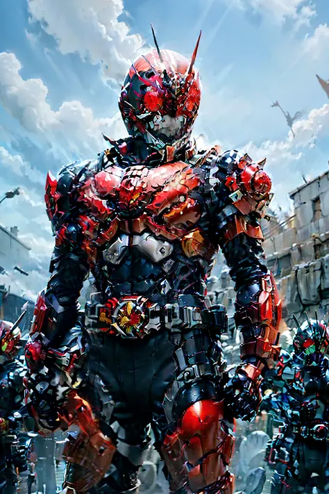 8K， Top，hentail realism、Front lighting，Kamen Rider Scarlet_Sun。Metallic body，Crimson shone with a silver glow、Wear a deformed belt、Burn with a righteous heart, He follows the minions of evil々Defeat。The fighting intensified、The last enemy appears。Special mo...