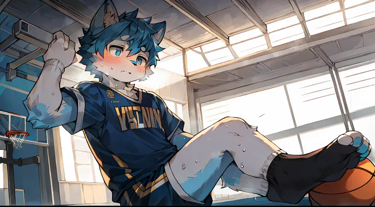 shaggy，Blue hair，bodyfur，basketball playground，basketball suit，sat on the ground，Wear socks，White  socks，catss，sunlighting，Look at the feet，Focused，pale blue color eyes，Cat nose，a warm color palette，human feet，AOEU，Heavy sweating，Screen-centric，Socks are o...