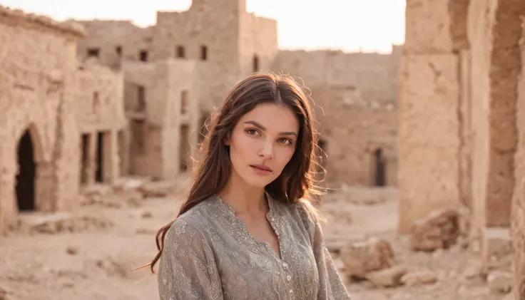 several troublemakers in front of a typical ancient Syrian house at dusk, panoramic image