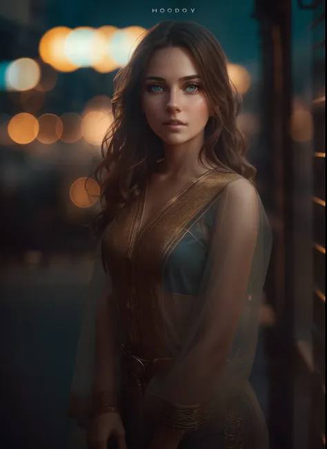 portrait photography, beautiful young woman with transparent western tunic dress, eyes visible through hair, proper eye position, natural skin, backlight, cinematic light, rim light, soft light , hips, in night time, city side background, detailed color gr...