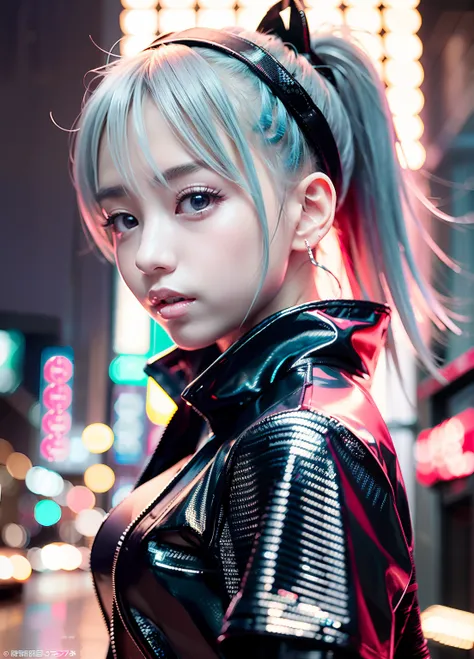 miku hatsune、Neon Ninja Style、Young one Japan girl dressed in shiny silver clothes as cyberpunk character in futuristic city。Hair scrunchies, hime-cut, Silver hair,, Color Chip, Medium Hair, O cabelo multicolorido, Bangs parting, Parted lips, Red Lipstick、...