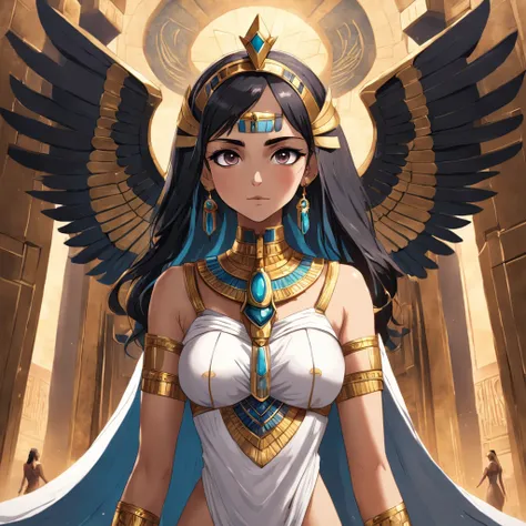 ((masterpiece, super detailed, very high resolution, best quality;1.3)), solo, 1woman, side light, glowing skin, Not looking at the view, Dont look at the view, egyptian woman, long dark hair, egyptian queen clothes, Isis goddess, Isis wings, egyptian empr...