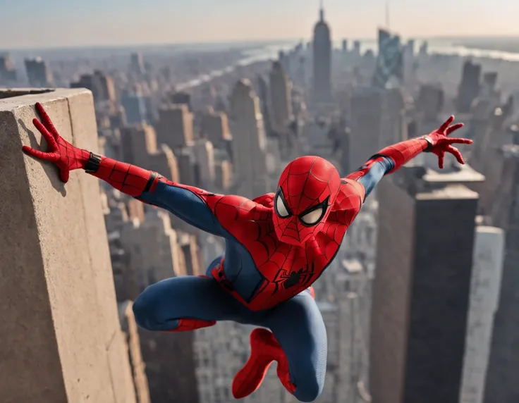 A spider-man on top of a skyscraper, Tobey Maguire, cena de filme 8k, ::n_ desenho, mulher, Imperfection, baixa qualidade, boneco, jogo, anime, texto