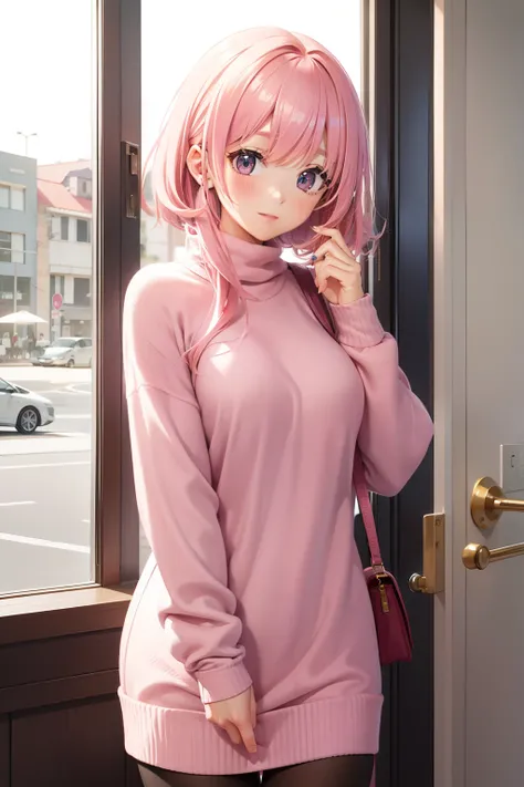 cute pink haired girl in a large sweater