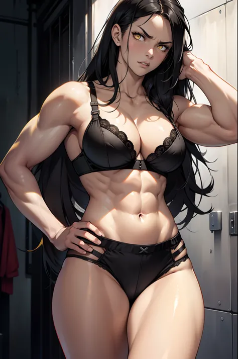 1 girl, solo, black hair, yellow eyes, extremely long hair, ((muscular)), thick thighs, large breasts, angry, pale skin, abs, navel, (bra and panties)