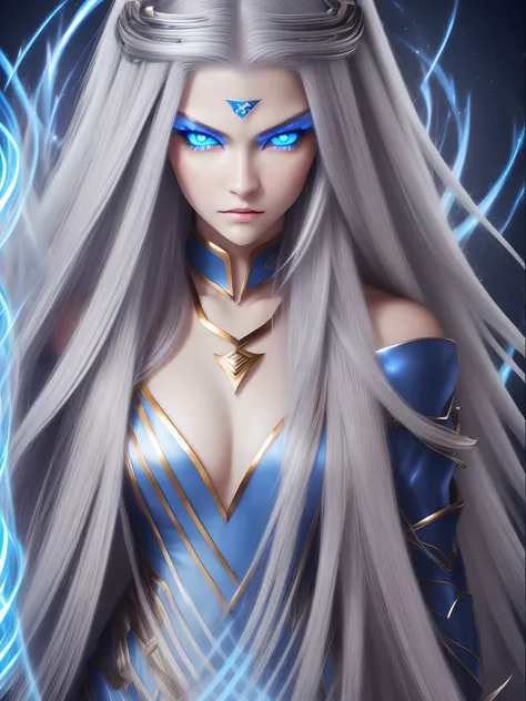 (1 female、(Fair skin)、(de pele branca)、Silver hair long hair、(Blue glowing eyes)、Blue Pupils、Golden Eyes、ruthless look)、Close-up face、close up of face