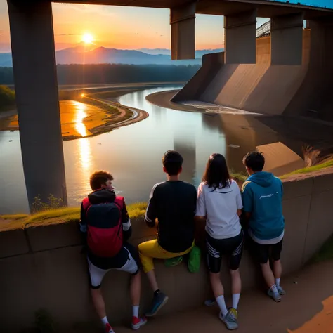 Three teenagers sit on an earthen dam and watch the sun set，The bike was thrown under the dam