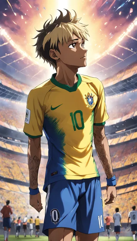 Neymar Jr with the shirt of the Brazilian national team , Standard scenario , melhor qualidade, best resolution , estilo anime , obra prima , olhar fixo