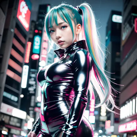 miku hatsune、neonninja style、Young 1 Japan girl dressed in shiny silver clothes as cyberpunk character in futuristic city。Hair scrunchies, the hime cut, silver hair,, Color Chip, medium Hair, multicoloured hair, Bangs parting, parted lips, red lipstick、ful...