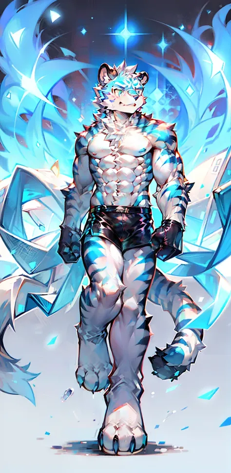 (solo person，Male tiger，Mature male，Abs)，the white tiger，((blue colors，White fur color))，Blue pupil，Tech black shoulderless leather jacket,werecreature，((独奏))，((with black background))，((Stand up))，（Be wary of demonstrations），serious-expression，Sharp eyes，...