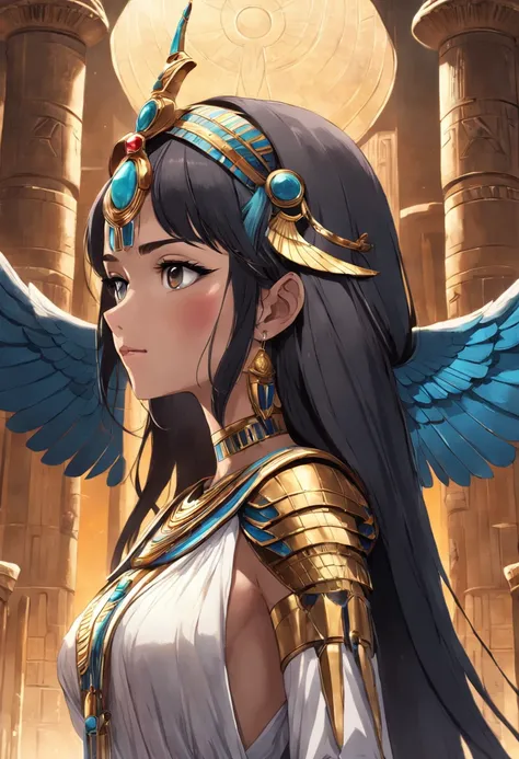 ((masterpiece, super detailed, very high resolution, best quality;1.3)), solo, 1woman, side light, glowing skin, Not looking at the view, Dont look at the view, egyptian woman, long dark hair, egyptian queen clothes, Isis goddess, Isis wings, egyptian empr...