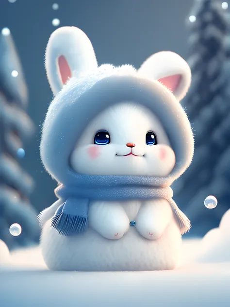 A winter in a pity，drifting snow，A super cute Pixar style white rabbit，Fluffy snow-white fur，One ear pulls，big bright eyes，Fluffy tail，Wear a brown sweater，Wearing a red hat，Smiling，Exquisite and lovely，Fairytale scene，Extremely high detail，pixar-style，bub...