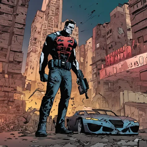 "Marvel hero Punisher, Action in a ruined city"