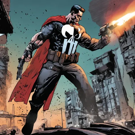 "Marvel hero Punisher, Action in a ruined city"